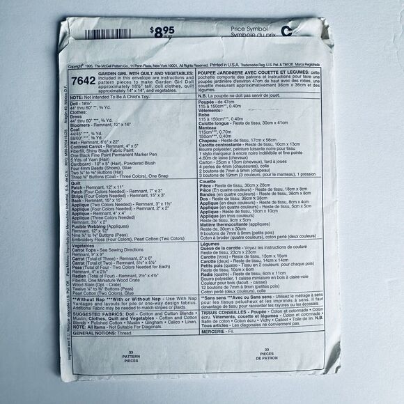 McCalls Pattern 7642 Doll Garden Girl 18½" Clothes Mini Quilt Vegetables UNCUT - Picture 2 of 2